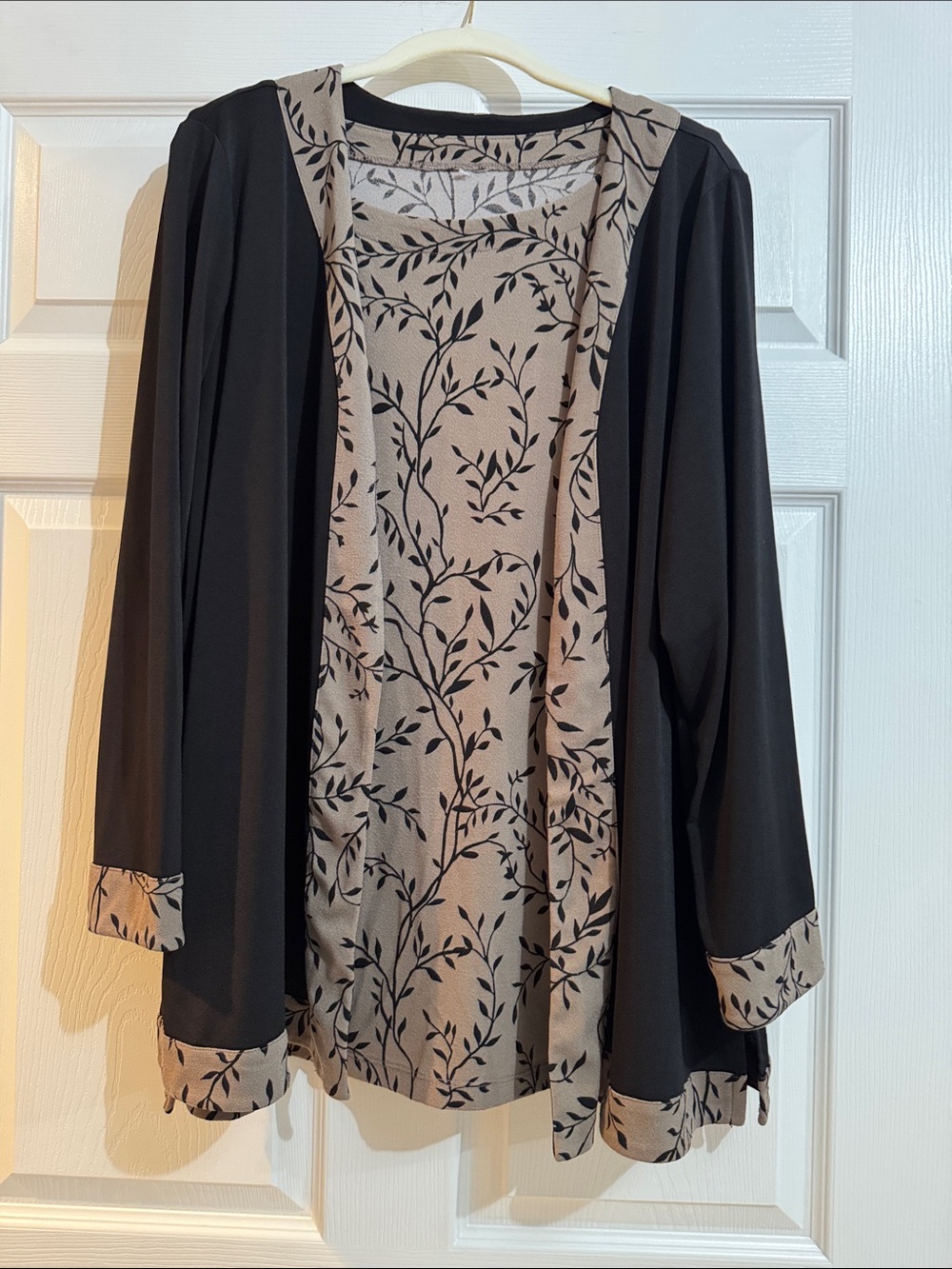 Christopher & Banks Black Tunic with Taupe Leaf-Print Trim